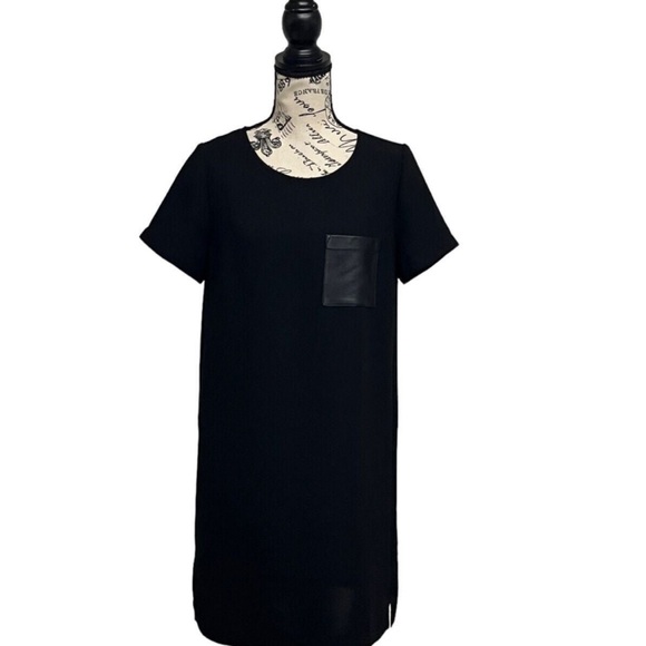 JCrew Black Dress with  Leather Pocket Tee Dress Mini Shift Mini Grunge C9033 S - Picture 2 of 11